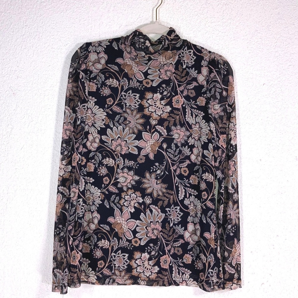 Jane + Delancey‎ Womens Floral Mesh Mock Neck Long Sleeve Top Black Pink Medium